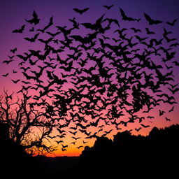 A dramatic swarm of bats taking flight at dusk, creating a dark, swirling mass against the fading light of the evening sky
