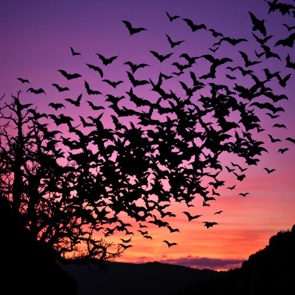 A dramatic swarm of bats taking flight at dusk, creating a dark, swirling mass against the fading light of the evening sky