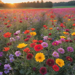 A vibrant selection of various, colorful flowers in a blossoming field beneath a sunrise