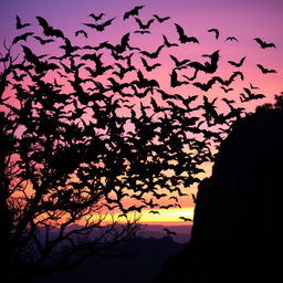 A dramatic swarm of bats taking flight at dusk, creating a dark, swirling mass against the fading light of the evening sky