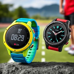 A pair of round sports watches displayed prominently, showcasing their unique designs