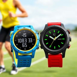 A pair of round sports watches displayed prominently, showcasing their unique designs