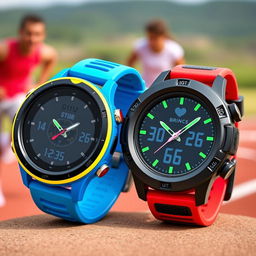 A pair of round sports watches displayed prominently, showcasing their unique designs