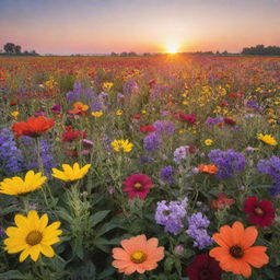 A vibrant selection of various, colorful flowers in a blossoming field beneath a sunrise