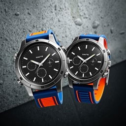 A pair of round sports watches, designed with a sleek and modern aesthetic