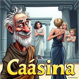 A vibrant and humorous caricature poster for a Greek-Latin theater comedy titled 'Cásina'