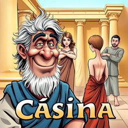 A vibrant and humorous caricature poster for a Greek-Latin theater comedy titled 'Cásina'