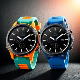 A pair of round sports watches, designed with a sleek and modern aesthetic