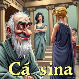 A vibrant and humorous caricature poster for a Greek-Latin theater comedy titled 'Cásina'