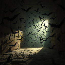 A thrilling scene depicting a swarm of bats emerging from the dark recesses of an ancient crypt within a pyramid