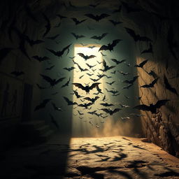 A thrilling scene depicting a swarm of bats emerging from the dark recesses of an ancient crypt within a pyramid