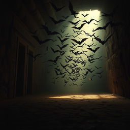 A thrilling scene depicting a swarm of bats emerging from the dark recesses of an ancient crypt within a pyramid