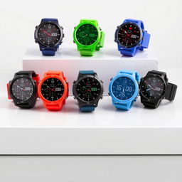 A set of stylish round sports watches displayed on a clean surface, showcasing various vibrant colors and designs