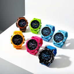 A set of stylish round sports watches displayed on a clean surface, showcasing various vibrant colors and designs