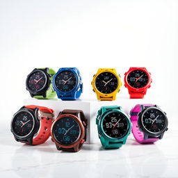 A set of stylish round sports watches displayed on a clean surface, showcasing various vibrant colors and designs