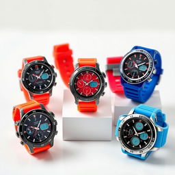 A set of stylish round sports watches displayed on a clean surface, showcasing various vibrant colors and designs