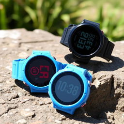 A pair of round sports watches, featuring a modern design with a durable rubber strap and a vibrant digital display