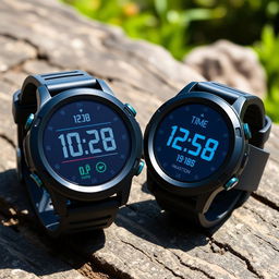 A pair of round sports watches, featuring a modern design with a durable rubber strap and a vibrant digital display