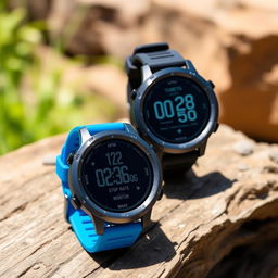 A pair of round sports watches, featuring a modern design with a durable rubber strap and a vibrant digital display