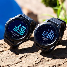 A pair of round sports watches, featuring a modern design with a durable rubber strap and a vibrant digital display