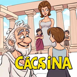 A lively cartoon-style poster representing a scene from the ancient Greek comedy 'Cásina'