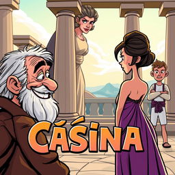 A lively cartoon-style poster representing a scene from the ancient Greek comedy 'Cásina'