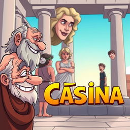 A lively cartoon-style poster representing a scene from the ancient Greek comedy 'Cásina'