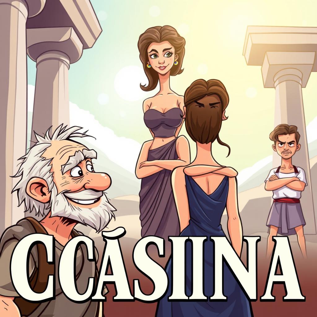 A lively cartoon-style poster representing a scene from the ancient Greek comedy 'Cásina'