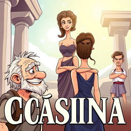 A lively cartoon-style poster representing a scene from the ancient Greek comedy 'Cásina'