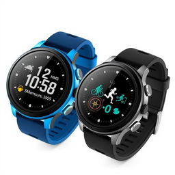 A pair of round sports watches with flat buttons, designed for active use