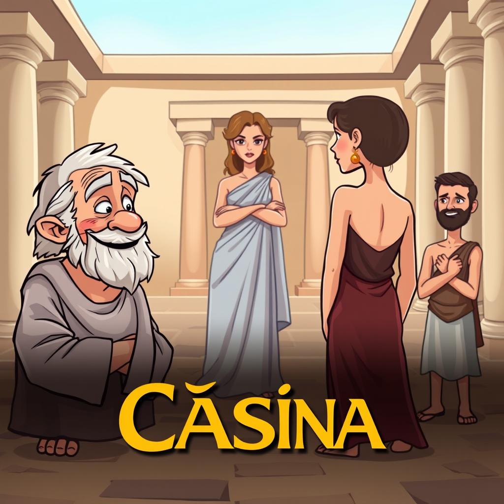 A cartoon-style poster for a Greco-Roman comedy titled 'Cásina'