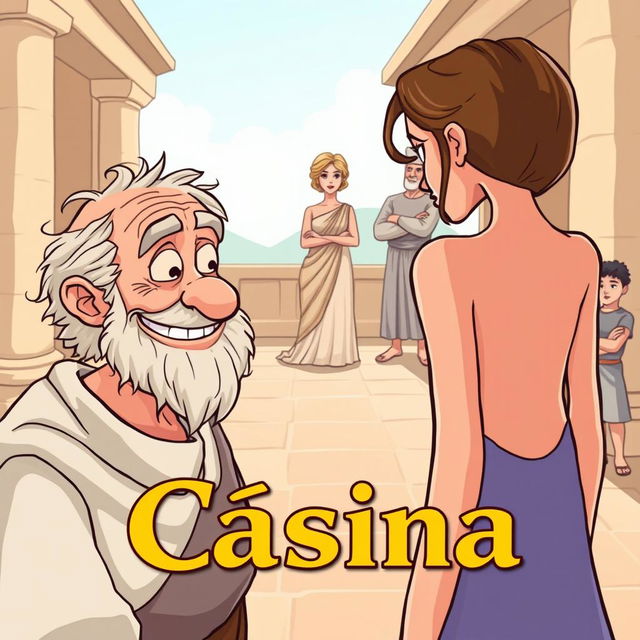 A cartoon-style poster for a Greco-Roman comedy titled 'Cásina'