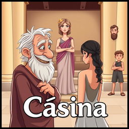 A cartoon-style poster for a Greco-Roman comedy titled 'Cásina'