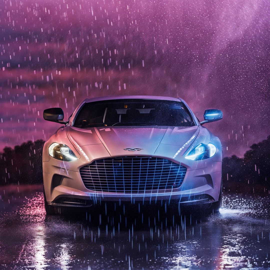 32k HD editorial photograph of an Aston Martin driving through pouring rain against a pink pastel backdrop.