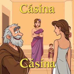 A cartoon-style poster for a Greco-Roman comedy titled 'Cásina'