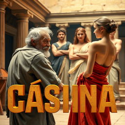 A Greek-Latin theater scene in a comedic style, featuring a decrepit old Greek man with a mischievous smile looking at a young, beautiful, slender Greek woman from behind, her face not visible