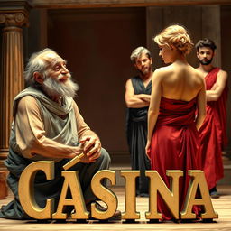 A Greek-Latin theater scene in a comedic style, featuring a decrepit old Greek man with a mischievous smile looking at a young, beautiful, slender Greek woman from behind, her face not visible