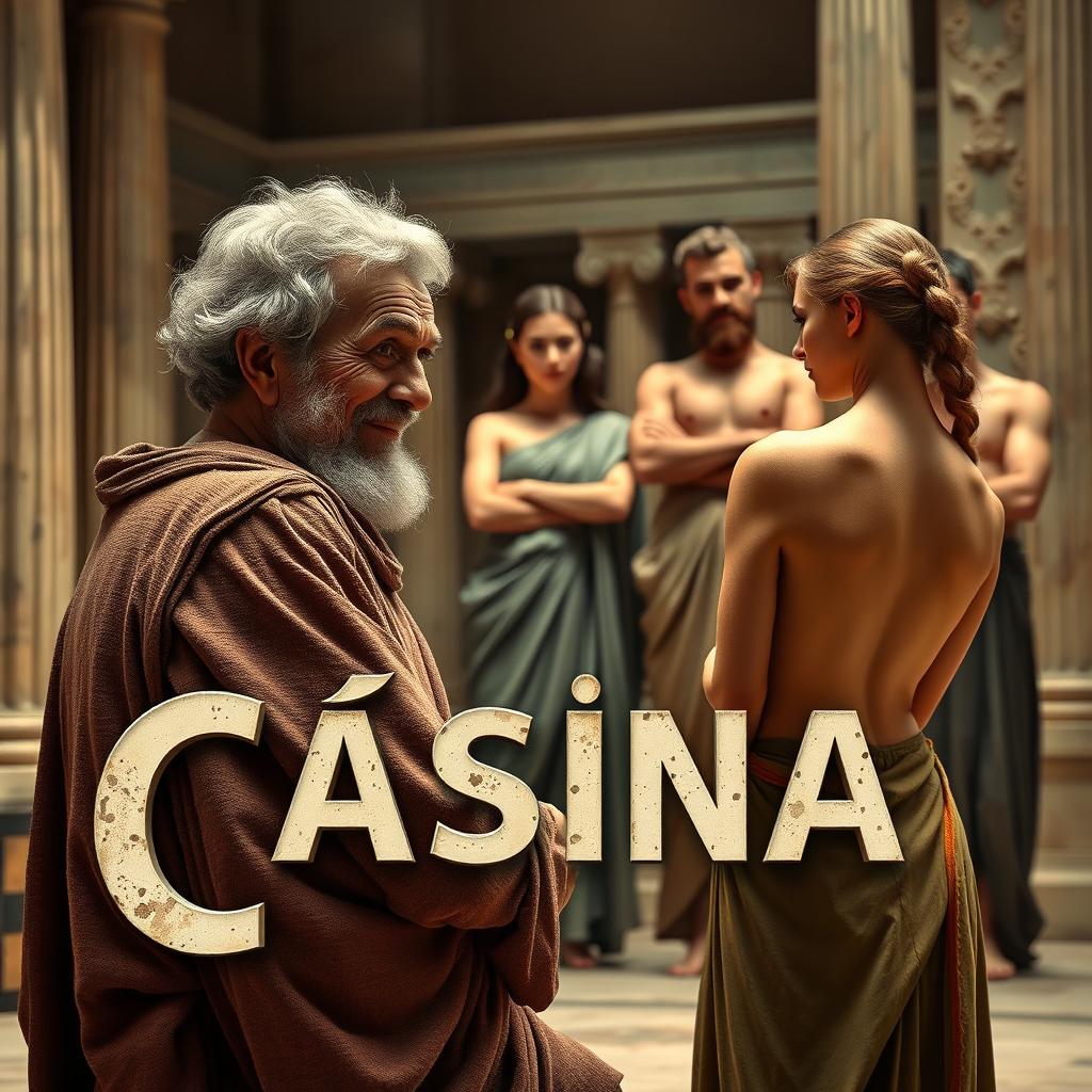 A Greek-Latin theater scene in a comedic style, featuring a decrepit old Greek man with a mischievous smile looking at a young, beautiful, slender Greek woman from behind, her face not visible