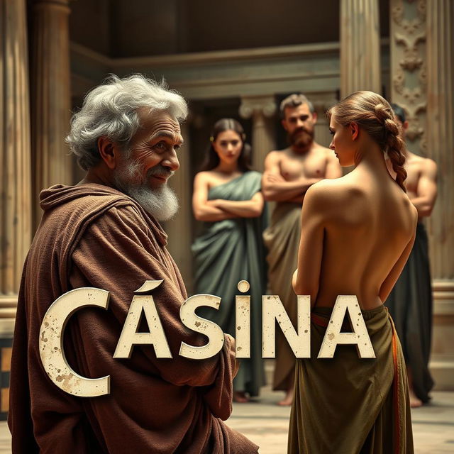 A Greek-Latin theater scene in a comedic style, featuring a decrepit old Greek man with a mischievous smile looking at a young, beautiful, slender Greek woman from behind, her face not visible