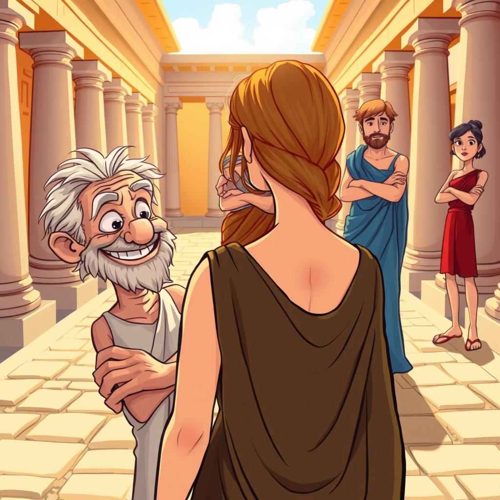 A vibrant cartoon-style poster depicting a Greco-Roman comedy scene