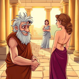 A vibrant cartoon-style poster depicting a Greco-Roman comedy scene