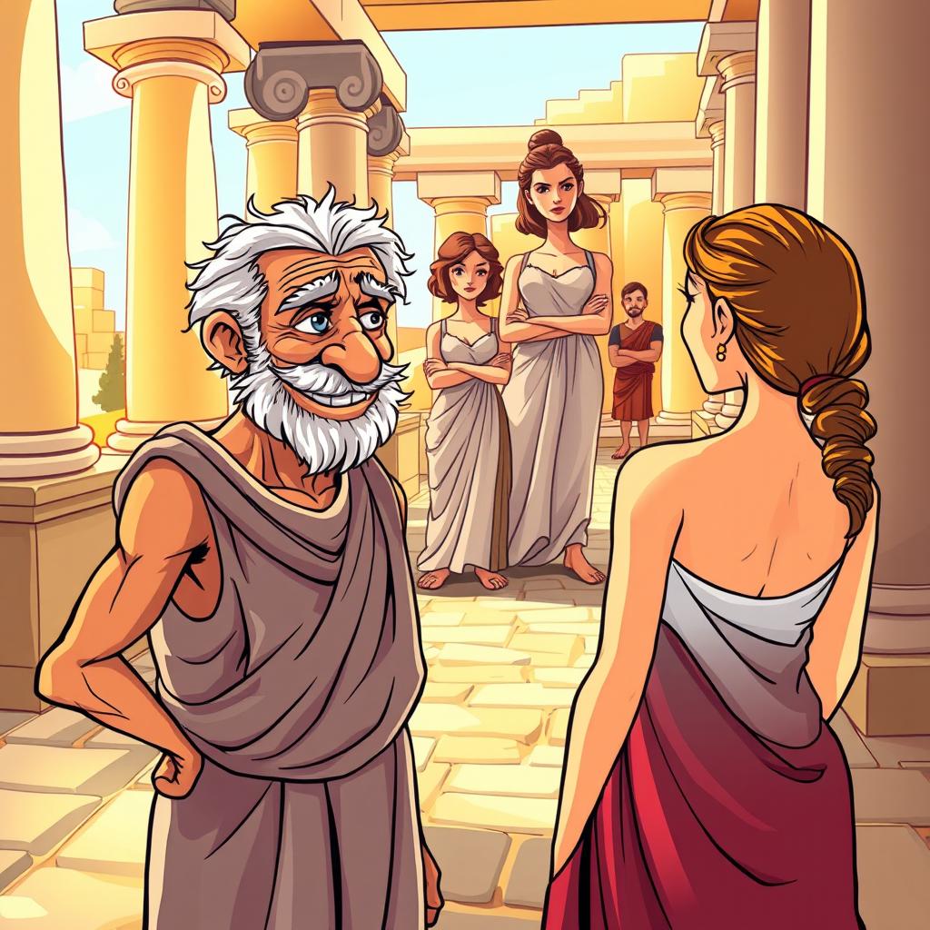 A vibrant cartoon-style poster depicting a Greco-Roman comedy scene