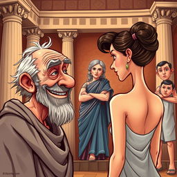 A vibrant caricature-style poster depicting an ancient Greek theater scene