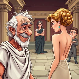 A vibrant caricature-style poster depicting an ancient Greek theater scene