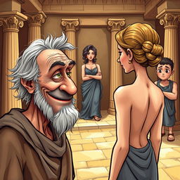 A vibrant caricature-style poster depicting an ancient Greek theater scene