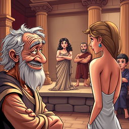 A vibrant caricature-style poster depicting an ancient Greek theater scene