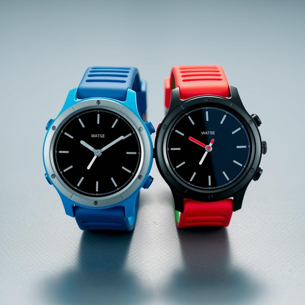 A pair of round, flat-buttoned sports watches with an analog display, featuring a sleek and modern design