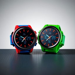 A pair of round, flat-buttoned sports watches with an analog display, featuring a sleek and modern design