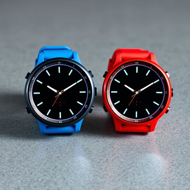 A pair of round, flat-buttoned sports watches with an analog display, featuring a sleek and modern design