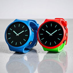 A pair of round, flat-buttoned sports watches with an analog display, featuring a sleek and modern design